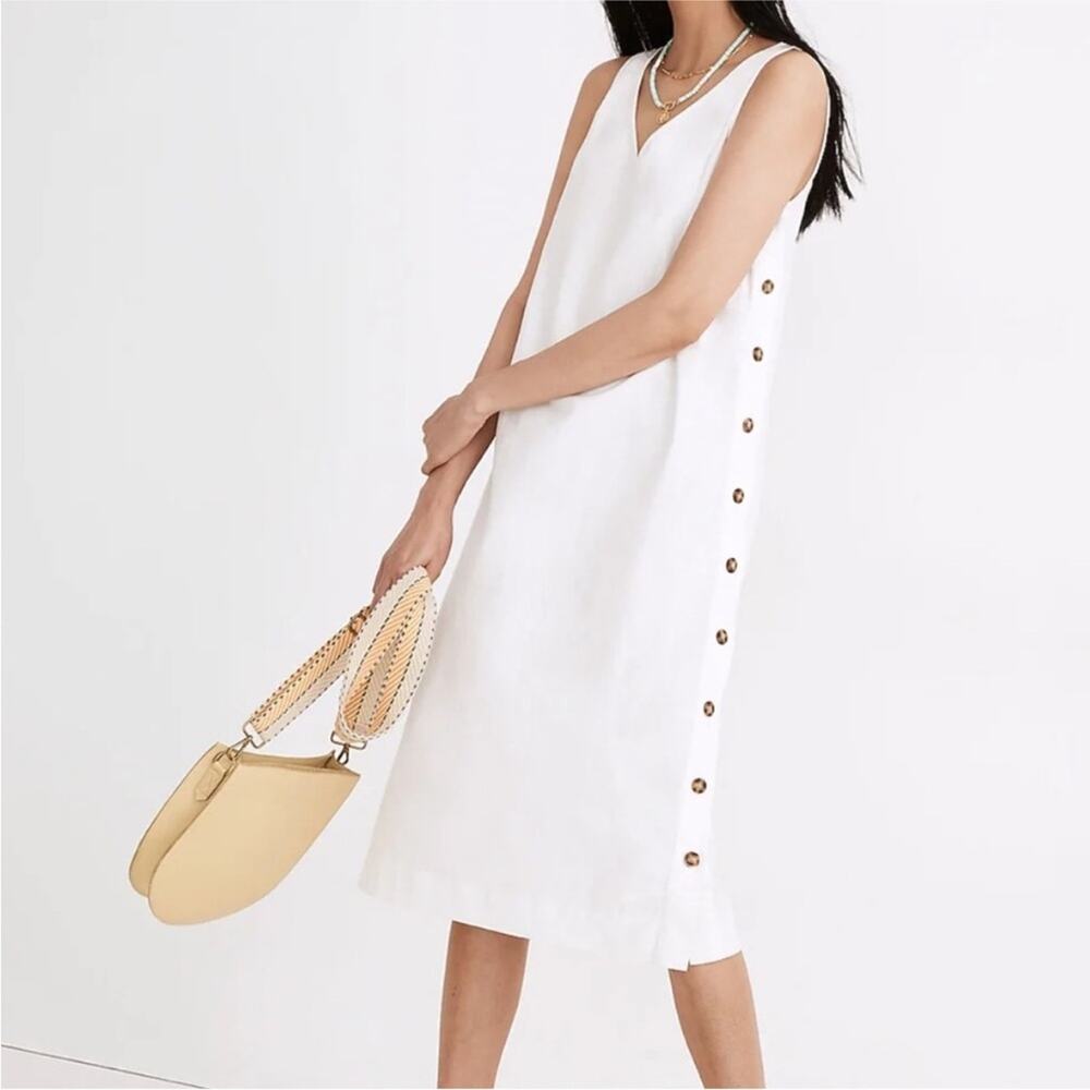 Madewell Dress NA269 Cream Linen Cotton XXS Brown Side Button Sleeveless Midi